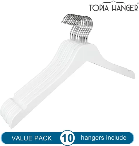 Miniatura 8 de TOPIA HANGER Paquete de 10 perchas de madera blanca, de 0.28 pulgadas, con diseño plano y muescas suaves, ligeras y duraderas que ahorran espacio