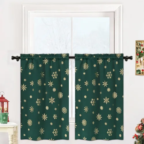 Miniatura 10 de FRAMICS Cortinas de Navidad con estampado de copos de nieve dorados en papel de aluminio, cortinas opacas con aislamiento térmico para sala de estar