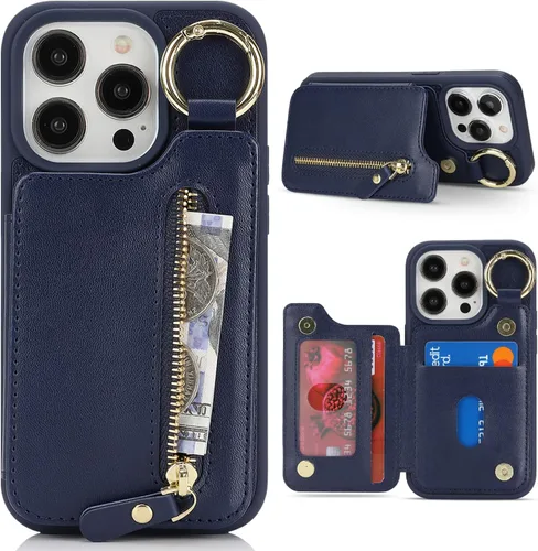 Miniatura 15 de Havaya Funda para iPhone 13 Pro con tarjetero y llavero, soporte de cuero, a prueba de golpes, con ranuras para tarjetas de crédito, cremallera