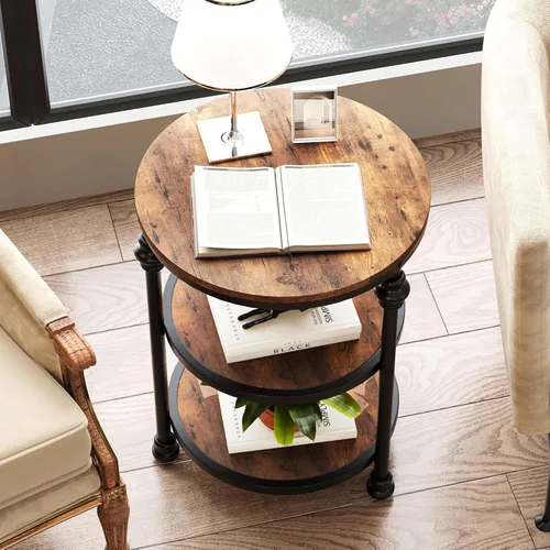 Miniatura 7 de IDEALHOUSE Mesa auxiliar pequeña, mesa auxiliar redonda con 3 estantes para sala de estar, dormitorio, mesita de noche, mesa auxiliar con marco