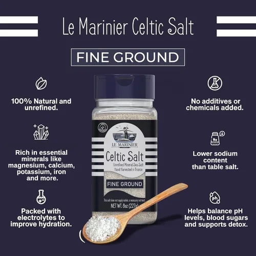 Miniatura 2 de Le Marinier Sal celta orgánica fina molida, 8 onzas, rica en minerales, 100% natural y sin refinar. Salero rellenable. Sal marina francesa