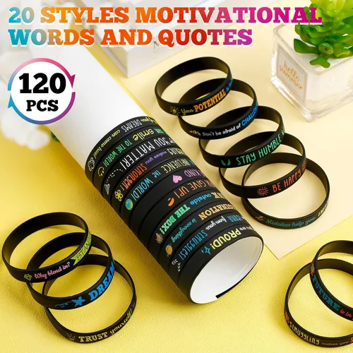 Miniatura 7 de Bucherry 120 pulseras de silicona motivacionales a granel inspiradoras de goma unisex con citas positivas para estudiantes, profesores, aula, Negro