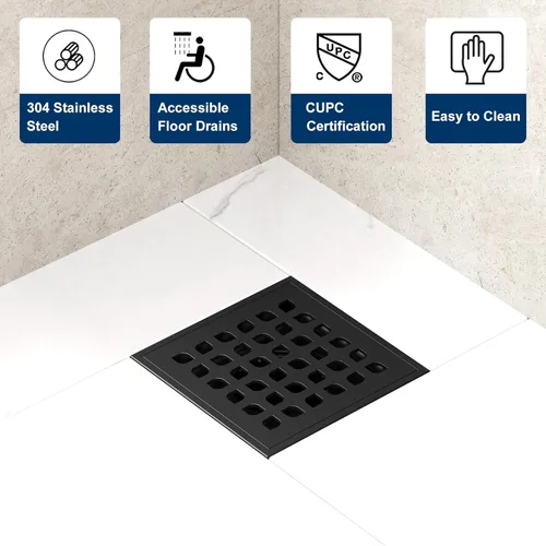 Miniatura 4 de Neodrain Desagüe de ducha cuadrado, rejilla de acero inoxidable 304 negro de 4 pulgadas y cuerpo de drenaje de PVC, rejilla con kit que incluye
