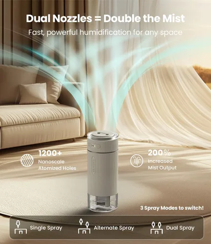 Miniatura 2 de WSKEN Humidificador pequeño portátil para dormitorio, boquilla doble, niebla fría grande, iluminación ambiental, encendido y apagado inteligente