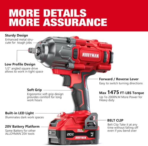 Miniatura 8 de Alloyman Llave de impacto inalámbrica, 1475 pies-libra (2000 N.m) 1/2 de alto par sin escobillas, controlador de impacto de 20 V, batería de 2*4000