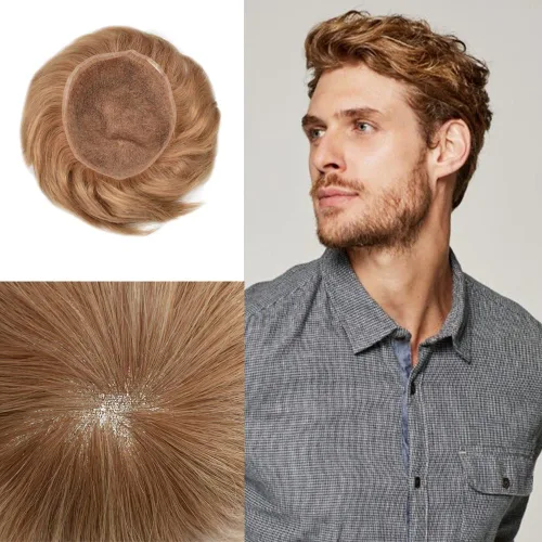 Miniatura 244 de Toupee para hombres nudos blanqueados hombres toupee hairpieces europeo virgen sistema de reemplazo de cabello humano suave encaje francés hombres