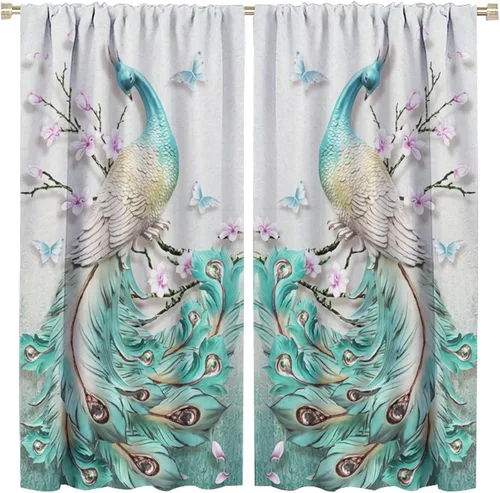 Miniatura 55 de Cortina opaca con estampado de pavo real, con estampado de animales retro, con bolsillo para cortinero y flores de peonía doradas, para dormitorio