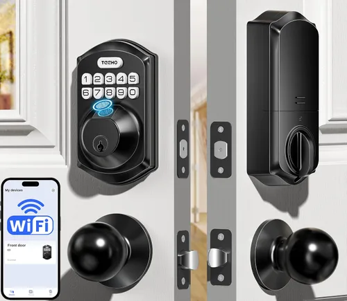 TEEHO TE012W-K - Cerradura de puerta de entrada inteligente sin llave WiFi con asa, perilla de puerta de huellas dactilares y teclado digital, Negro