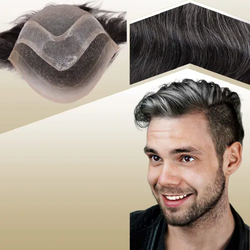 Miniatura 16 de Toupee para hombres, piezas de cabello 100% europeo, sistema de reemplazo de cabello humano virgen de 10 x 8 pulgadas, mono encaje con poliuretano