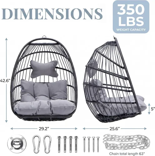 Miniatura 5 de Nicesoul Silla colgante para huevos al aire libre sin soporte, cesta de huevos para interiores con cojín, silla hamaca en forma de huevo de 350 Gris