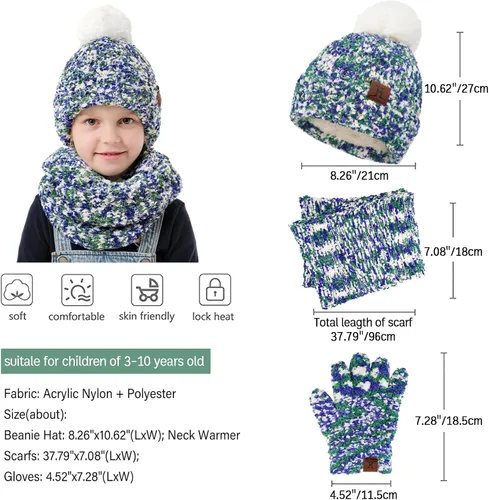 Miniatura 2 de Toddler Boys Girls Winter Warm Knit Beanie Hat Neck Scarf Touchscreen Gloves with Fleece Lined Cap for 3-10 Year Kid Gifts