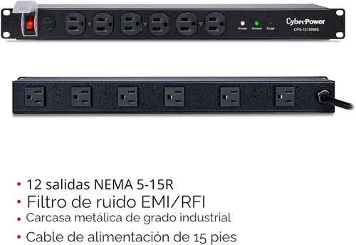 Miniatura 3 de Montaje del rack PDU Cyberpower Cps-1220 Rms, conector múltiple, 12 salida 20 A, 2400 VA, 1800 julios Negro