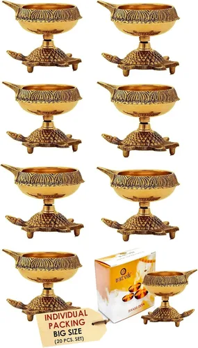 Miniatura 11 de SATVIK - Juego de 4 piezas de tortuga Kuber de latón Lámpara de aceite de latón virgen tradicional hecha a mano con grabado dorado para Puja