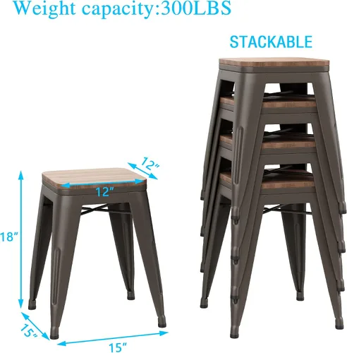 Miniatura 3 de Andeworld Juego de 4 taburetes de 18 pulgadas, sillas de comedor de metal industrial con asiento de madera, taburetes cortos de cocina apilables 18