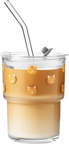 Miniatura 13 de Olvini Vaso de vidrio de 13 onzas con popote y tapa, vaso reutilizable para café helado, bonitas tazas de vidrio para agua, matcha, tazas de café