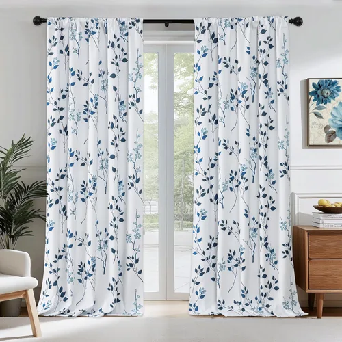 Miniatura 20 de Beauoop Cortinas Florales 100% Opacas de 54 Pulgadas de Largo, 2 Paneles para Dormitorio, Sala de Estar, Azul Gris y Blanco con Patrón de Flores