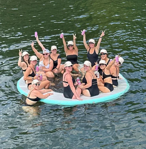 Miniatura 10 de Hamaca de agua inflable con malla Anillo flotante redondo de 8 pies para lago, barco, océano, piscina y balsa de río, tumbona de isla