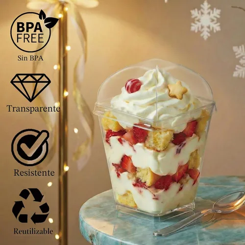 Miniatura 5 de Hiasobre Paquete de 100 vasos de postre de plástico transparente de 5 onzas con tapas y cucharas, tazas cuadradas reutilizables para aperitivos