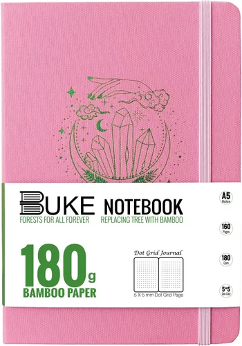 Miniatura 12 de BUKE Cuaderno de cuadrícula de puntos, papel blanco de bambú de 6.35 oz/m², 5 puntos de 0.197 x 0.197 in, 160 páginas, encuadernación plana, bordes