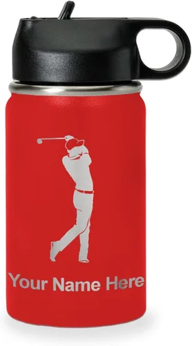 Miniatura 12 de LaserGram Botella de agua personalizada, golfista de golf, acero inoxidable de doble pared aislada al vacío con popote superior, regalo grabado Negro