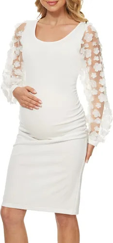 Miniatura 5 de Vestido de maternidad con mangas de obispo de malla floral fruncido lateral elegante vestido midi ajustado para baby shower sesión de fotos casual