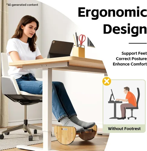 Miniatura 7 de Reposapiés ergonómico de bambú para debajo del escritorio, reposapiés mecedora reversible 3 en 1 con almohadillas, taburete de oficina de 4 alturas