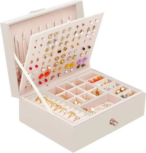 Miniatura 73 de Joyero de pendientes para mujeres y niñas, organizador de aretes de 5 capas, caja organizadora de joyas blanca con candado, collares y aretes