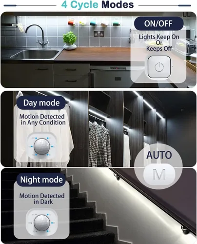 Miniatura 3 de DGD Luces para debajo del gabinete, tira de luces LED con sensor de movimiento enchufable para interiores con adaptador aprobado por UL FCC, Blanco