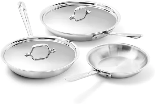 All-Clad D3® - Juego de sartenes de acero inoxidable de 5 piezas, fabricado en Estados Unidos, incluye sartenes de 8, 10 y 12 pulgadas con tapa,