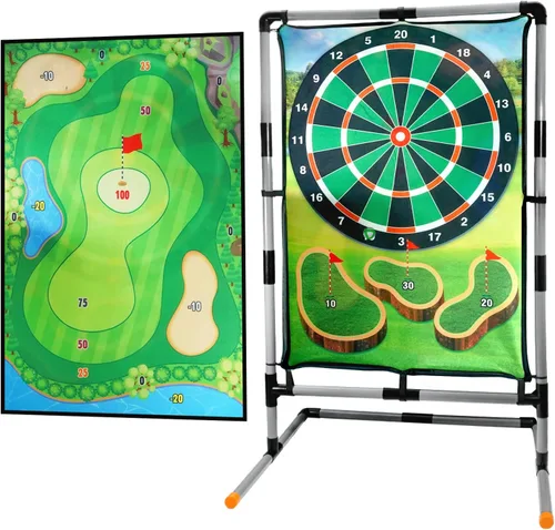 Miniatura 8 de Juego de astillado de golf con soporte, juego de práctica de golf multideportivo con tiro con arco, hacha, dardos, alfombrilla de golpeo de doble