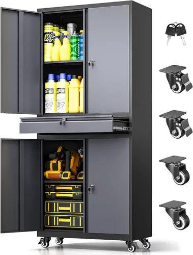Miniatura 16 de Armario de almacenamiento de metal, archivador alto con 2 estantes ajustables y cajón, gabinete de herramientas de acero con cerradura para oficina