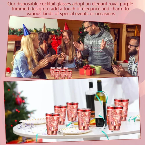 Miniatura 6 de Norme 50 vasos de plástico de 12 onzas desechables para fiesta con borde, vasos transparentes de plástico para vino, café, cumpleaños, boda, Rojo