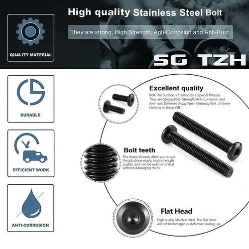 Miniatura 4 de M6 x 60mm 10 piezas de tornillos de cabeza plana con casquillo hexagonal, acero inoxidable 304 18-8, rosca completa, óxido negro de SG TZH