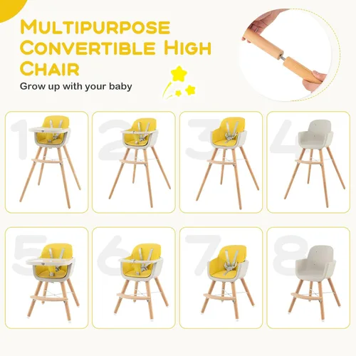 Miniatura 2 de BABY JOY Trona convertible para bebé, 3 en 1, silla alta de madera/asiento elevador/silla con bandeja extraíble, patas ajustables, arnés de 5