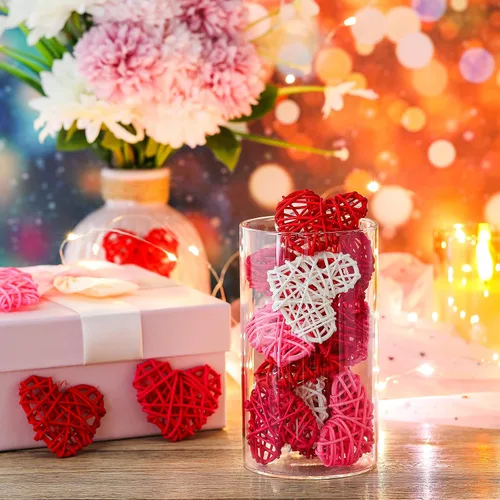 Miniatura 3 de 24 bolas de ratán en forma de corazón de San Valentín de 2.36 pulgadas, rellenos de tazones de jarrón de corazón, decoración de ratán de mimbre