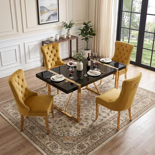 Miniatura 13 de Juego de mesa de comedor negra para 4, parte superior negra brillante de 55 pulgadas con patas de metal dorado, juego de mesa de comedor moderno