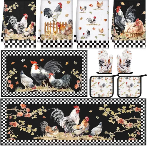 Miniatura 16 de Fourluoo Juego de 10 piezas de decoración y accesorios de cocina de girasol, diseño de búfalo blanco y negro, juego de manoplas de horno y soportes