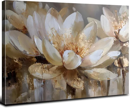Miniatura 9 de Arte de pared abstracto de flores blancas azules y doradas, decoración de pared azul marino y dorado, marmoleado de flores silvestres