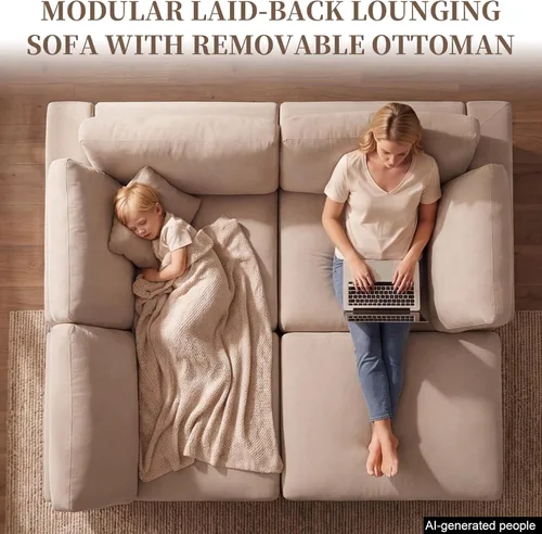 Miniatura 3 de Sofás modulares de nube seccionales para sala de estar, sofá modular grande con otomana, sofá de 3 plazas en forma de L con almohada, color beige