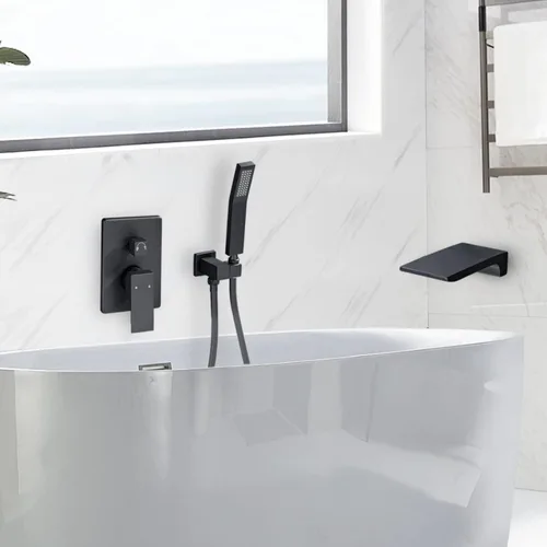 Miniatura 8 de Grifo de llenado de bañera romana con boquilla de cascada montado en la pared, grifo de ducha de bañera de una sola manija con ducha de mano