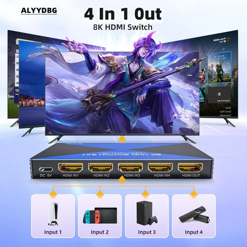 Miniatura 2 de Interruptor HDMI de 8K a 60Hz 4 en 1 salida. ALYYDBG 4K @120Hz/240Hz HDMI 2.1 Switcher compatible con HDR10+ HDCP 2.3 CEC dinámico, funciona