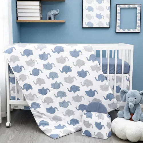 Miniatura 10 de Juego de ropa de cama de 4 piezas para cuna con animales del bosque, incluye falda de cuna de safari en la jungla, manta, sábana de cuna y apilador