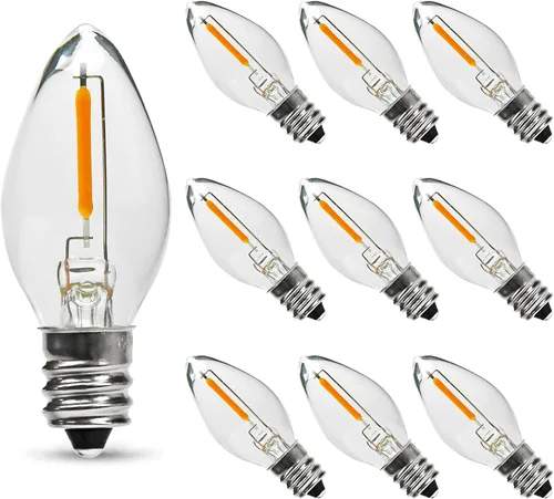 Paquete de 10 bombillas LED de noche, bombillas LED de candelabro C7, base de candelabro E12, 0.6 W equivalente a 7 W, blanco cálido 2200 K, 50 lm,