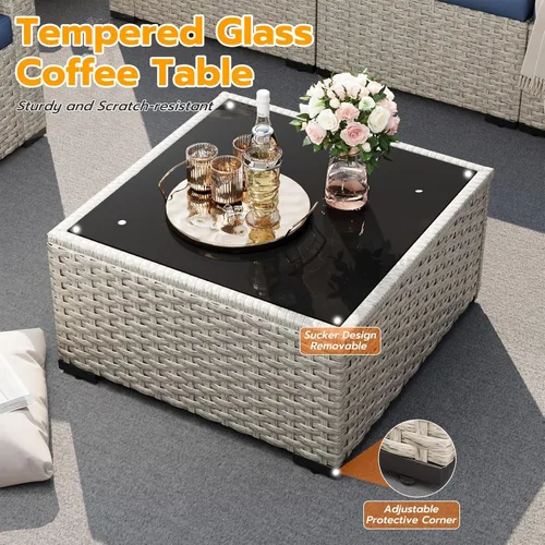 Miniatura 3 de UDPATIO Juego de muebles de patio al aire libre, sofá modular de 7 piezas con mesa de té, juego de conversación al aire libre de mimbre PE para Azul