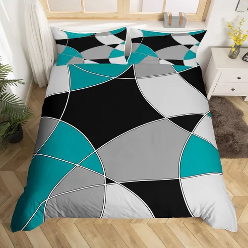 Miniatura 15 de Feelyou Juego de funda de edredón geométrica de color rojo, negro y gris, juego de ropa de cama retro con remolinos circulares a rayas circulares