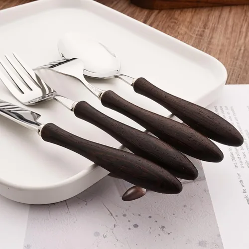 Miniatura 7 de Juego de cubiertos con mango de madera, 24 piezas (4 juegos), juego de cubiertos con cuchillos para carne, vajilla de acero inoxidable 304 de lujo
