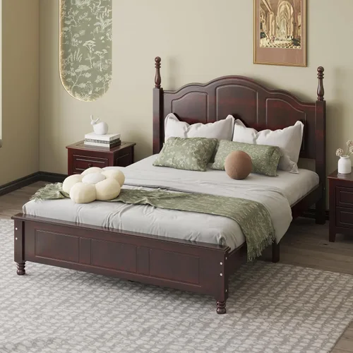 Miniatura 3 de DEINPPA Marco de cama bajo con póster de estilo inglés, cama de plataforma de madera medieval, no necesita somier, nogal oscuro