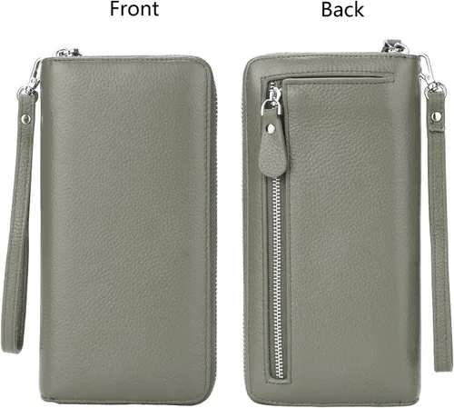 Miniatura 6 de YALUXE Carteras de cuero real con cremallera alrededor para mujer, bolso de mano, teléfono celular, tarjetero, protección de bloqueo RFID, Gris