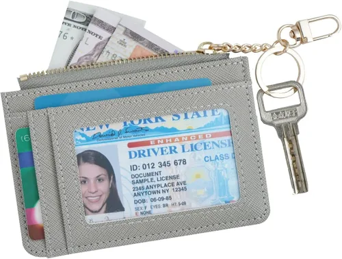 Miniatura 2 de Cartera de cuero delgado minimalista con bolsillo frontal para mujer con ventana de identificación y llavero, Gris, Simple