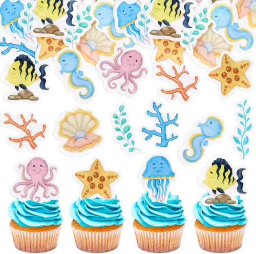 Miniatura 18 de 40 piezas comestibles bajo el mar, sirena, cupcakes, algas, pulpos, estrellas de mar, cupcakes, lindos animales del océano, selecciones de alimentos